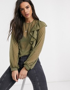 Блузка цвета хаки в горошек с оборками River Island-Зеленый