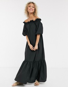 Черное платье макси из хлопкового поплина с открытыми плечами ASOS DESIGN-Черный
