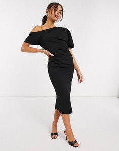 Черное платье миди на одно плечо с объемным рукавом ASOS DESIGN-Черный