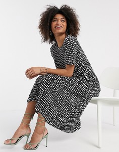 Плиссированное платье миди в горошек с поясом на талии ASOS DESIGN-Мульти