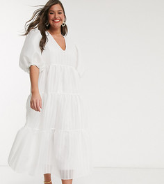 Свободное ярусное платье миди в фактурную полоску ASOS EDITION Curve-Белый