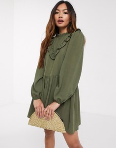 Свободное платье мини цвета хаки с отделкой рюшами ASOS DESIGN-Зеленый