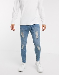 Голубые рваные джинсы скинни с принтом в виде брызг краски SikSilk-Синий