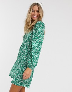 Зеленое платье мини с квадратным вырезом и цветочным принтом New Look-Зеленый