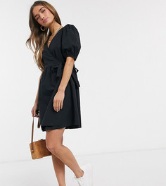 Черное платье мини из поплина с запахом New Look Petite-Черный