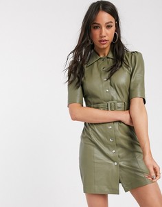 Кожаное платье-рубашка шалфейно-зеленого цвета Object-Зеленый