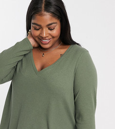 Удлиненный топ цвета хаки в рубчик с разрезами по бокам ASOS DESIGN Curve-Зеленый