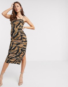 Платье-футляр миди со сборками и абстрактным принтм ASOS DESIGN-Мульти