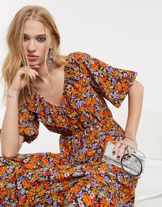 Оранжевое платье миди с цветочным принтом и оборками Topshop-Оранжевый