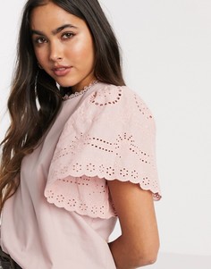 Розовый топ с вышивкой ришелье на рукавах River Island