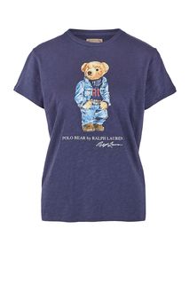 Синяя хлопковая футболка с принтом Polo Ralph Lauren