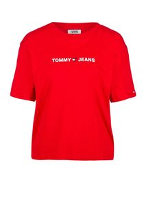 Красная хлопковая футболка с вышивкой Tommy Jeans