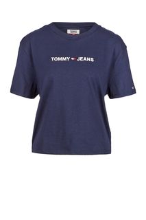 Синяя хлопковая футболка с вышивкой Tommy Jeans