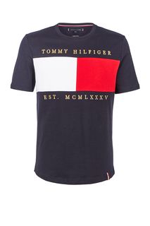 Футболка из хлопка с золотистой вышивкой Tommy Hilfiger