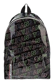 Черный лаковый рюкзак с разноцветной монограммой бренда Tommy Jeans