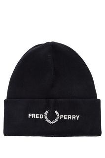 Синяя шапка мелкой вязки с отворотом Fred Perry