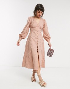 Бежевое чайное платье миди на пуговицах с вышивкой ришелье ASOS DESIGN-Розовый