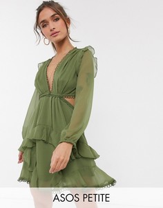 Платье мини цвета хаки с длинными рукавами и отделкой ASOS DESIGN Petite-Зеленый