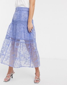 Голубая юбка миди с вышивкой и поясом ASOS DESIGN-Мульти