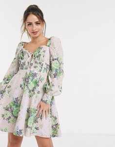 Короткое приталенное платье с вышивкой ришелье и цветочным принтом ASOS DESIGN-Мульти