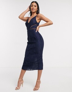 Темно-синее кружевное платье миди с ажурными вставками ASOS DESIGN-Темно-синий