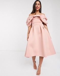 Платье миди для выпускного с открытыми плечами ASOS DESIGN-Бежевый