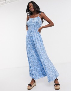 Синее плиссированное платье макси с цветочным принтом ASOS DESIGN-Синий