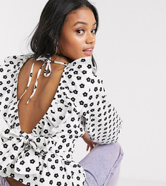 Монохромный топ с цветочным принтом, объемными рукавами и оборками Reclaimed Vintage inspired-Белый