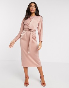 Атласное платье миди с рукавами "летучая мышь" ASOS DESIGN-Розовый