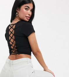 Черный топ со шнуровкой на спине и короткими рукавами ASOS DESIGN Petite