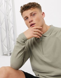 Зеленое поло с длинными рукавами и воротом на молнии Topman-Зеленый