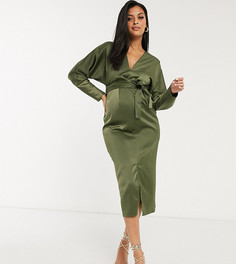 Атласное платье миди цвета хаки с рукавами "летучая мышь" и поясом ASOS DESIGN Maternity-Зеленый