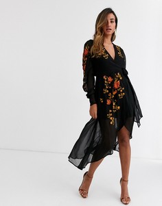 Черное платье миди с запахом и вышивкой ASOS DESIGN-Черный