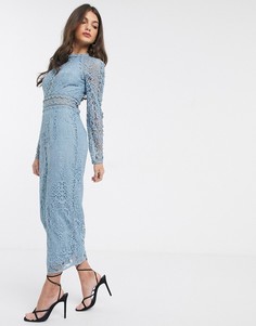 Голубое кружевное платье-футляр с длинными рукавами ASOS DESIGN-Синий