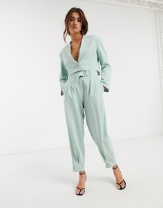 Зеленые строгие брюки свободного кроя Bershka-Синий
