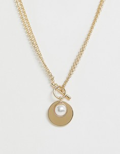 Золотистое колье с подвеской-диском и жемчугом Miss Selfridge-Золотой