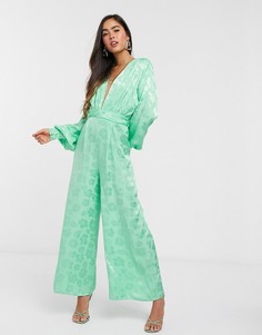 Зеленый жаккардовый комбинезон с глубоким вырезом ASOS DESIGN