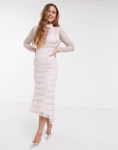 Светло-розовое кружевное платье миди с длинными рукавами и шнуровкой ASOS DESIGN-Мульти