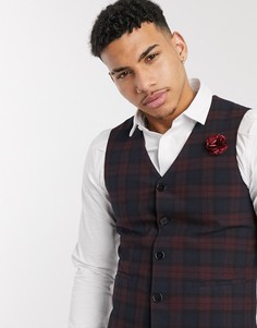 Бордовый приталенный жилет в шотландскую клетку ASOS DESIGN wedding-Серый