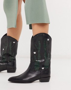 Черные кожаные ковбойские сапоги с кактусами ASOS DESIGN-Черный