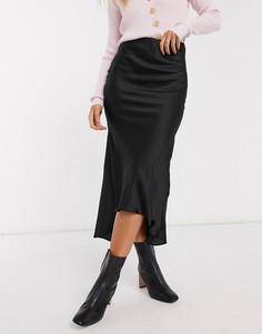 Черная атласная юбка миди годе ASOS DESIGN-Черный