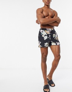 Короткие шорты для плавания с цветочным принтом ASOS DESIGN-Черный