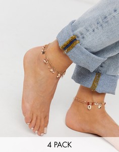 4 золотистых браслета на ногу с дисками и искусственными ракушками ASOS DESIGN-Золотой