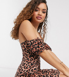 Платье мини с открытыми плечами, пышными рукавами и леопардовым принтом Missguided Petite-Мульти