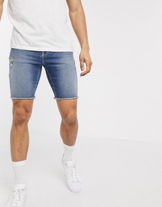 Джинсовые шорты скинни с необработанным краем и потертостями ASOS DESIGN-Синий