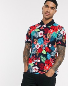 Темно-синее поло из пике с цветочным принтом и логотипом-нашивкой Original Penguin-Темно-синий