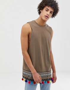 Длинная футболка без рукавов с ацтекским рисунком и помпонами ASOS DESIGN-Оранжевый