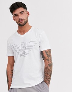 Белая футболка в стиле casual с V‑образным вырезом и большим логотипом Emporio Armani-Белый