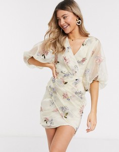 Кремовое платье мини из органзы с цветочной вышивкой ASOS DESIGN-Мульти