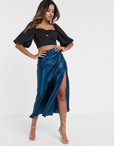 Темно-синяя атласная юбка миди с разрезом до бедра ASOS DESIGN-Мульти